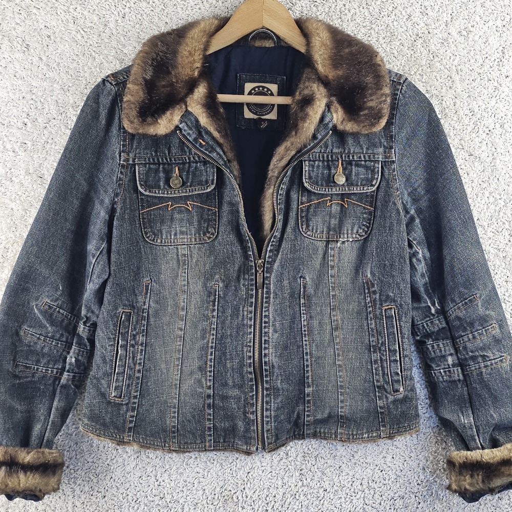 Vintage Giacca Women's Lined Denim Jacket Size Medium Faux Fur Trim Y2K